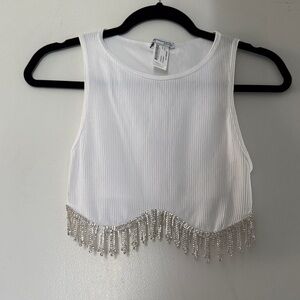 Zara White Ribbed Crop Top with Silver Beaded Fringe Hem